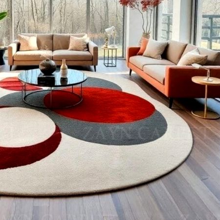 Handcrafted Round Red Grey Circle Living Room Rug